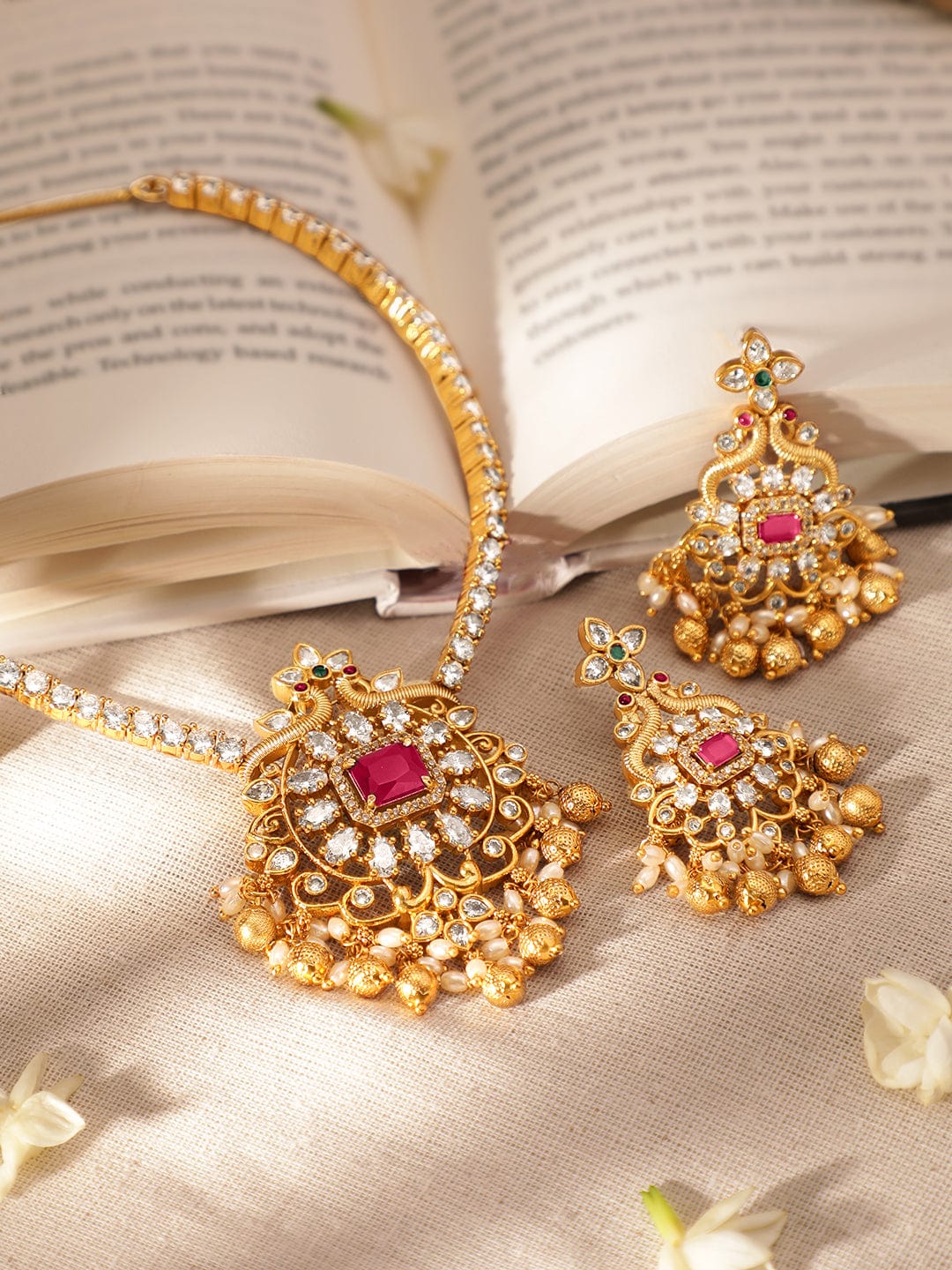 22K Gold Plated Ruby & Cubic Zirconia Studded Jewellery Set with Golden & Pearl Beads