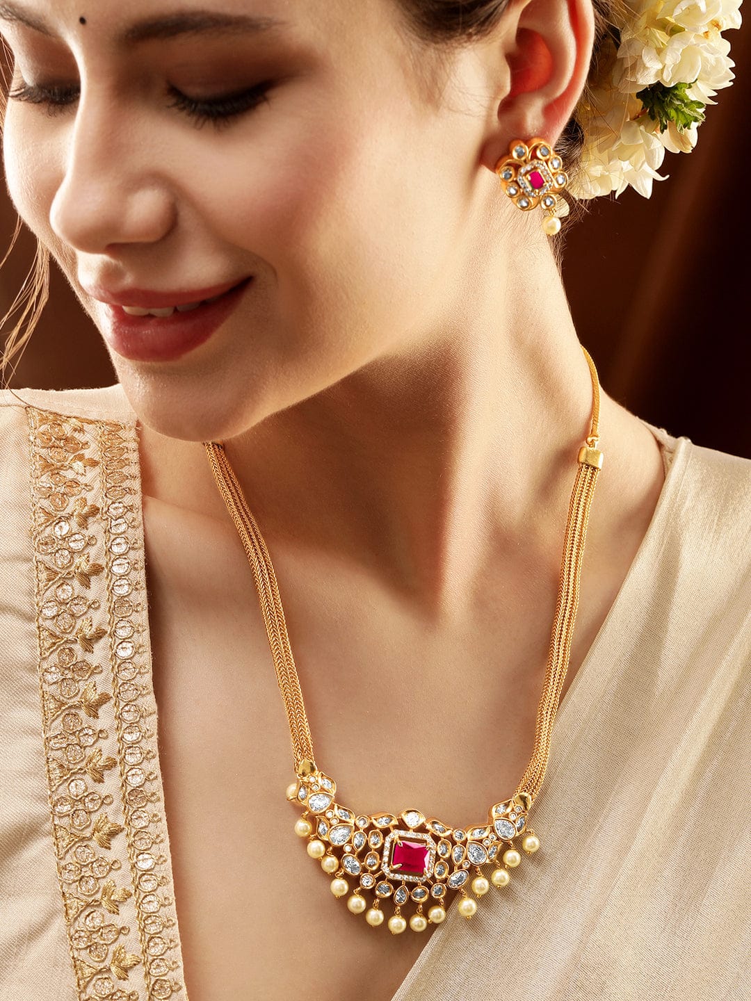 22K Gold-Plated Ruby & CZ Studded Necklace & Earrings - Gold