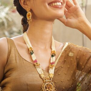 22K Gold-Plated Ruby & Emerald Accents and Pearl Beaded Multi-Strands Temple Jewelry Set