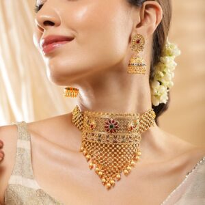 22K Gold-Plated Ruby & Emerald and Golden Beaded Detailing Handcrafted Choker Set - Gold