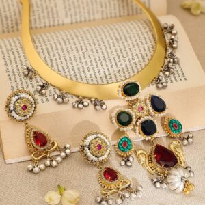 22K Gold-Plated Ruby,Emerald & Blue Stone Studded Choker Set with Gold-Silver Beads - Multicolor