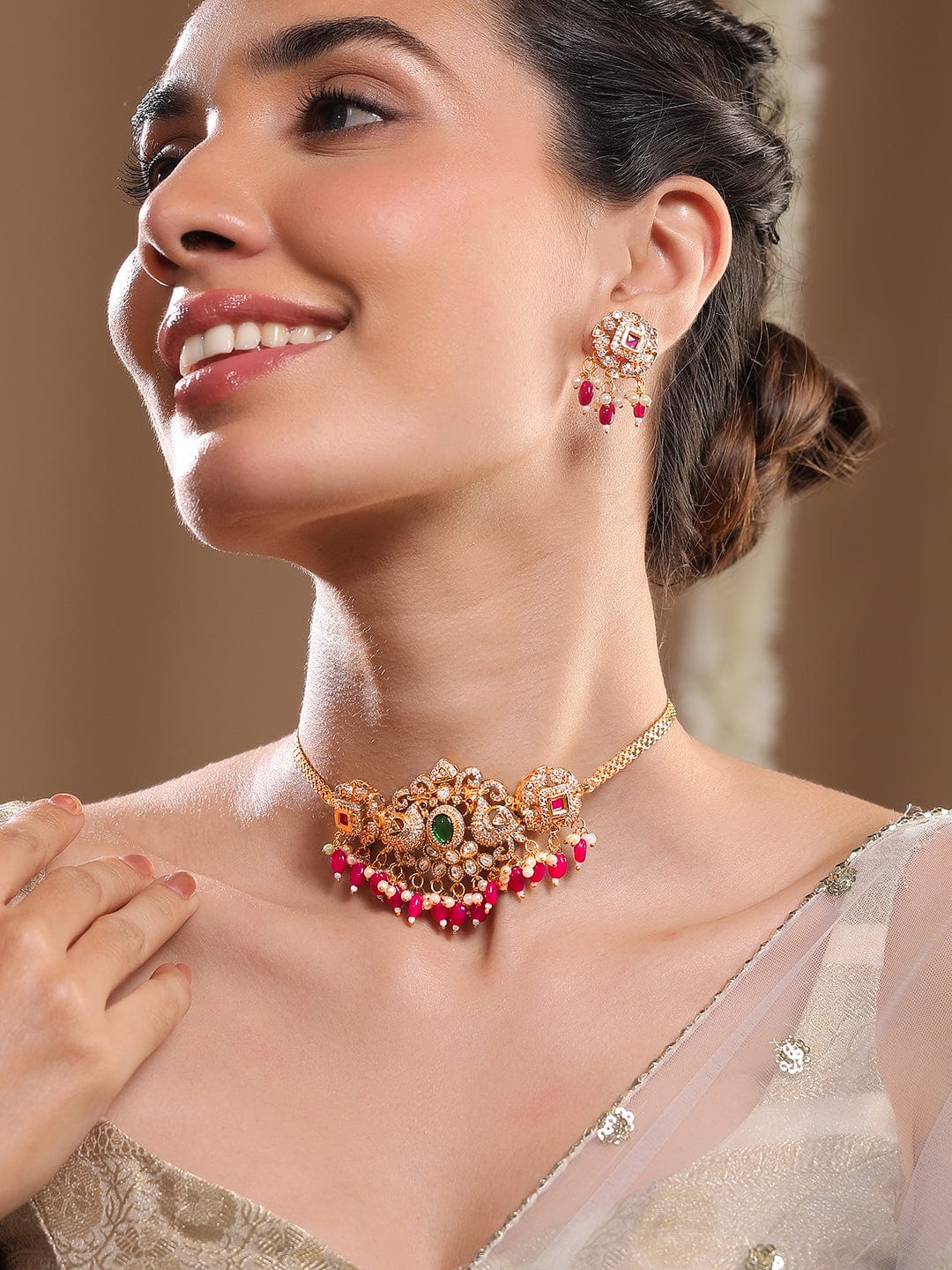 22K Gold Plated Ruby, Emerald & Cubic Zirconia Choker Set with Red & Pearl Beads