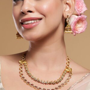 22K Gold-Plated Ruby, Emerald & Cubic Zirconia Studded Double Layer Jewellery Set