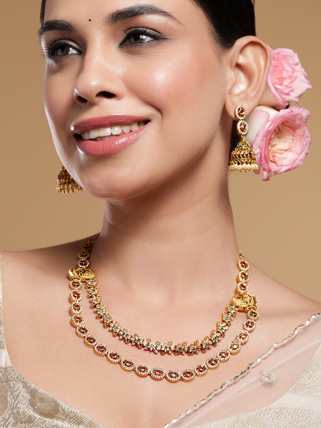 22K Gold-Plated Ruby, Emerald & Cubic Zirconia Studded Double Layer Jewellery Set