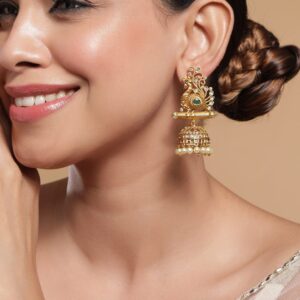 22K Gold-Plated Ruby, Emerald & Cubic Zirconia Studded Temple Jhumkas with Pearl Drops