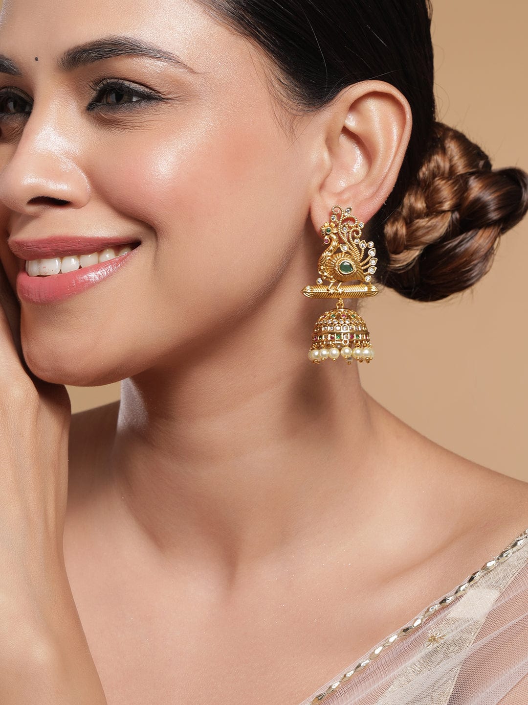 22K Gold-Plated Ruby, Emerald & Cubic Zirconia Studded Temple Jhumkas with Pearl Drops