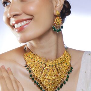 22K Gold-Plated Ruby & Emerald Green Cubic Zirconia Studded Temple Choker Set with Green Pearls Beads