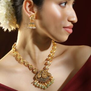22K Gold-Plated Ruby Emerald & Mint Green-White Beaded Lakshmi Temple Necklace Set for Women