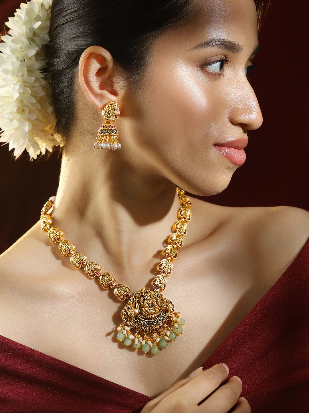 22K Gold-Plated Ruby Emerald & Mint Green-White Beaded Lakshmi Temple Necklace Set for Women
