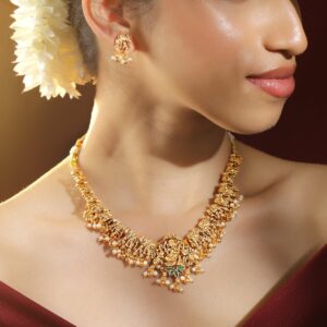 22K Gold-Plated Ruby Emerald & Pearl Beaded Divine Ganesh Temple Necklace Set for Women