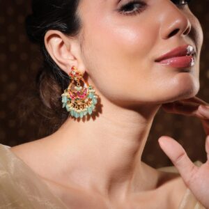22K Gold-Plated Ruby & Emerald Stone Studded Mint Green Beaded Chandbali Earrings