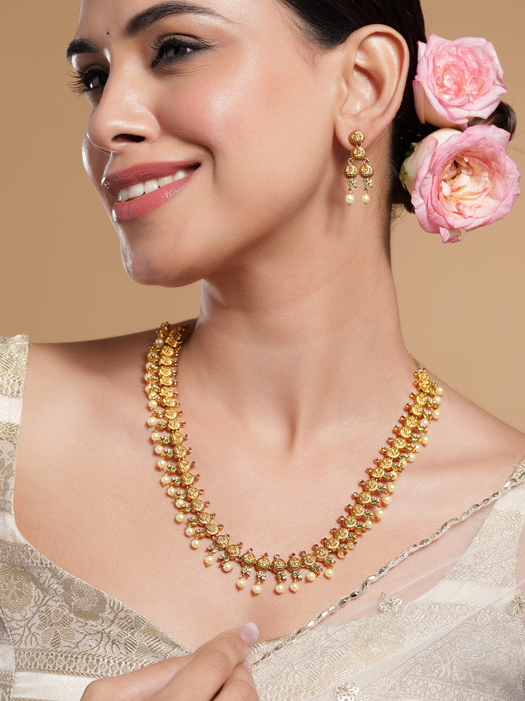 22K Gold-Plated Ruby &Emerald-Studded Temple Necklace Set with Pearl Beaded Drops - Gold