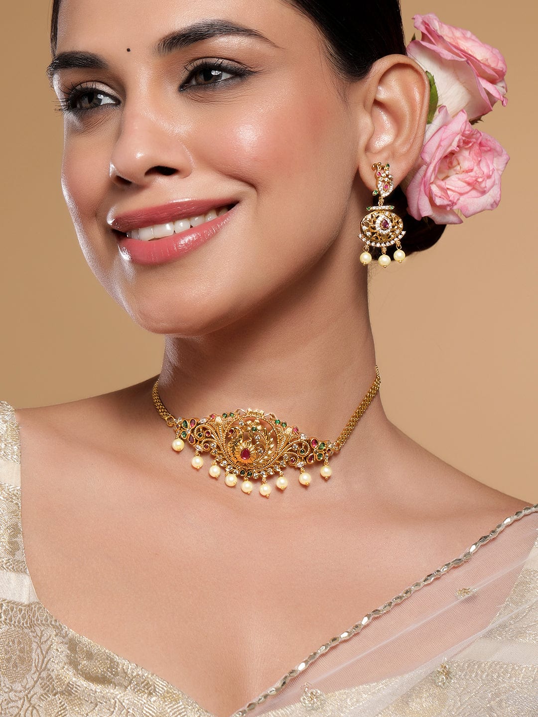 22K Gold-Plated Ruby, Emerald & Zirconia Studded Temple Choker Set with Pearl Drops - Gold
