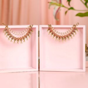 22K Gold Plated Ruby & Pearl Studded Handcrafted Ear Chain with Delicate Layered Design