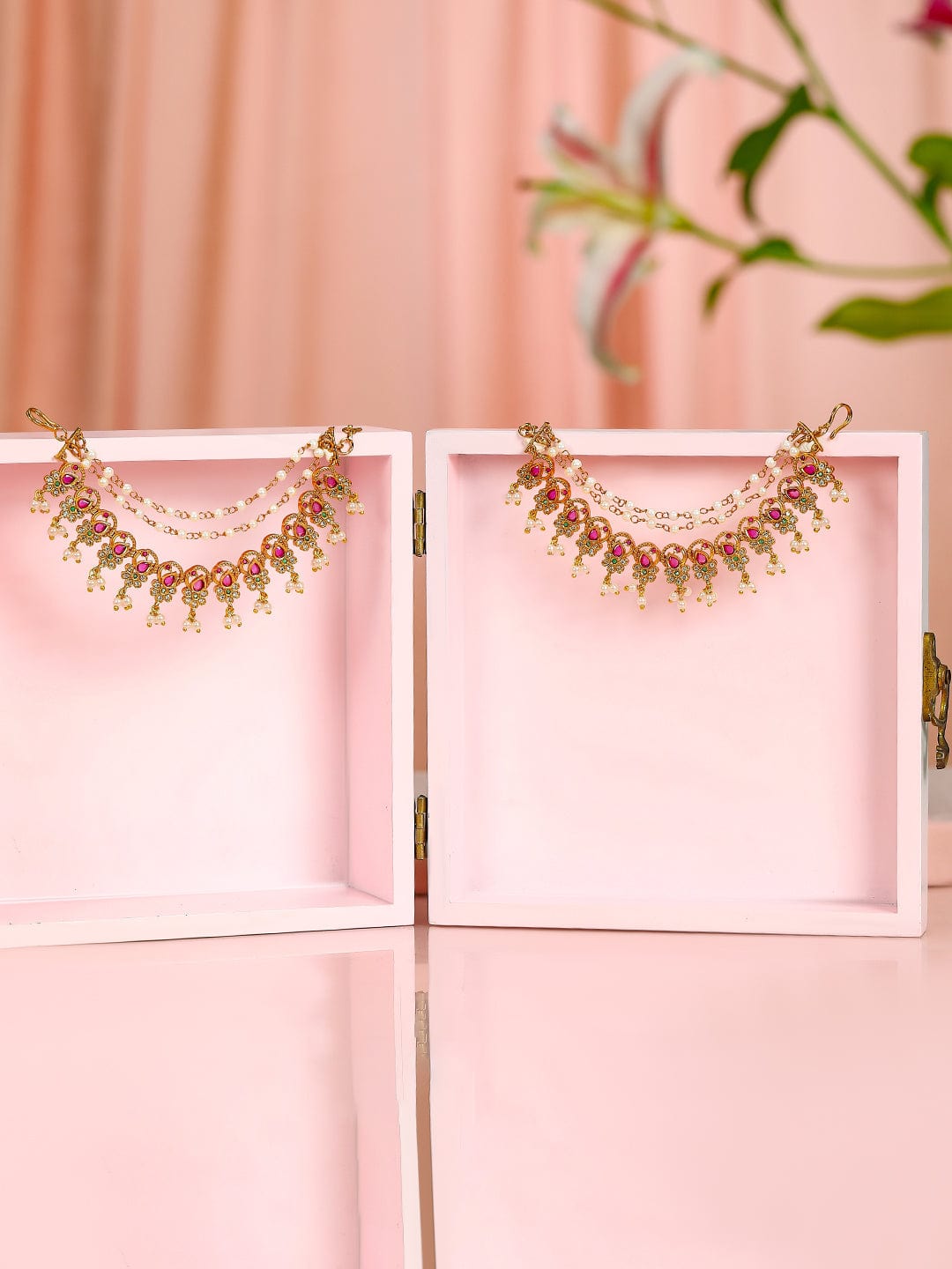 22K Gold Plated Ruby & Pearl Studded Handcrafted Ear Chain with Delicate Layered Design