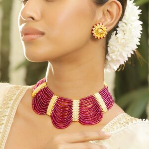 22K Gold-Plated Ruby Pink Beaded & Cubic Zirconia Multi-Strand Ethnic Traditional Choker Jewellery Set