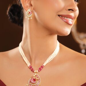 22K Gold-Plated Ruby Pink, Cubic Zirconia & White Pearl Beaded Peacock Pendant Necklace Set