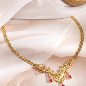 22K Gold-Plated Ruby Pink Drop & Peacock Motif & Floral Charms Chain Necklace