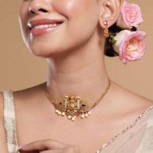 22K Gold-Plated Ruby Pink, Emerald, and Cubic Zirconia Studded Lakshmi Temple Choker Necklace Set