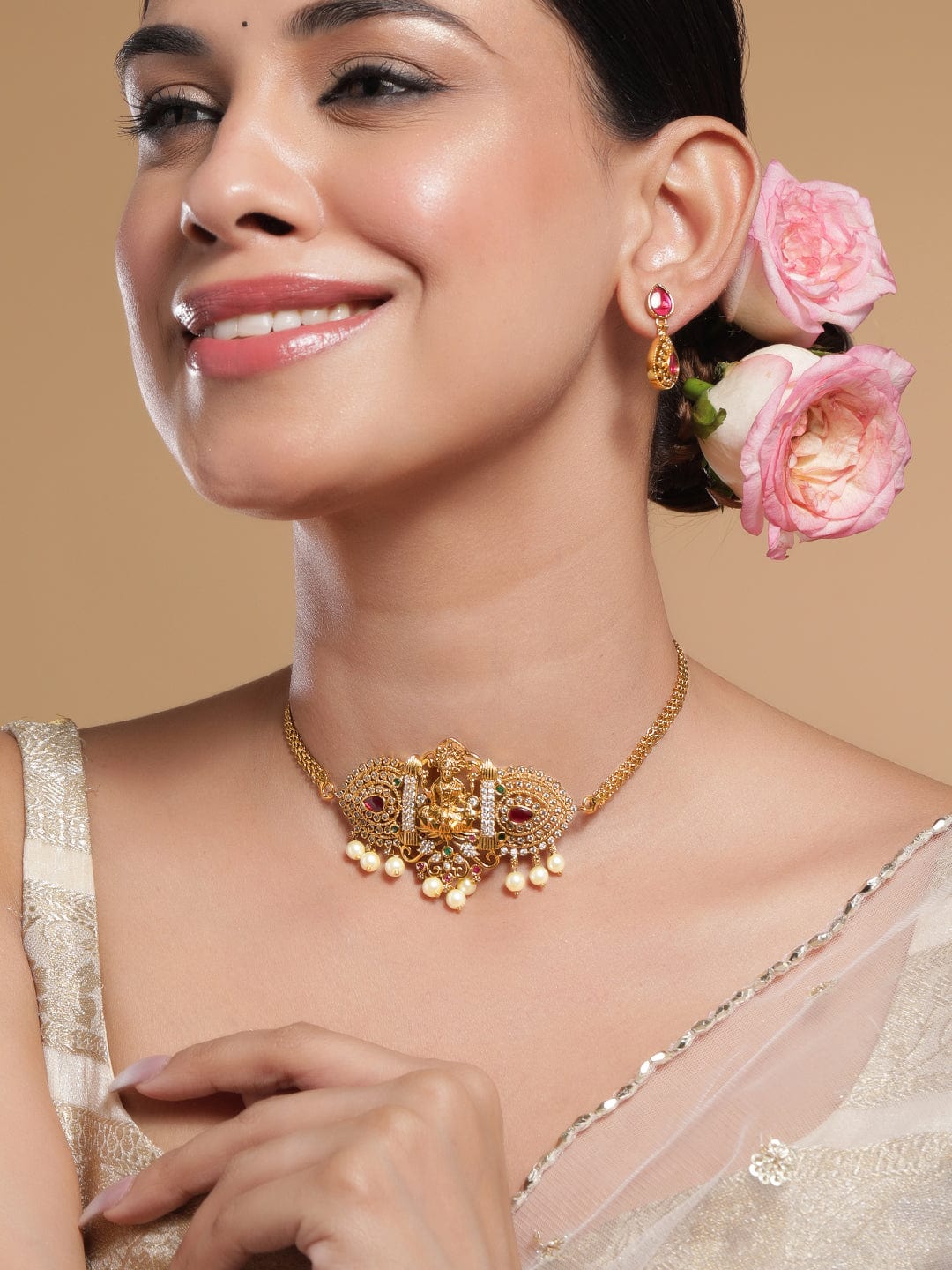 22K Gold-Plated Ruby Pink, Emerald, and Cubic Zirconia Studded Lakshmi Temple Choker Necklace Set