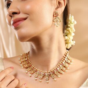 22K Gold Plated Ruby Pink, Emerald & Cubic Zirconia Studded Floral Jewellery Set - Gold