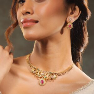 22K Gold-Plated Ruby Pink & Emerald Cubic Zirconia Studded Handcrafted Necklace Set - Green & pink