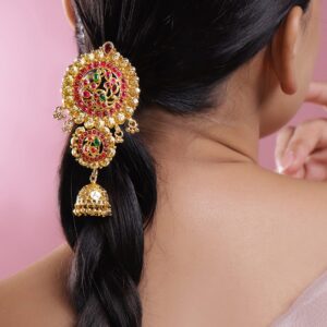 22K Gold-Plated Ruby Pink & Emerald Green Stone Studded Braid Hair Accessory with Golden Beads Drop