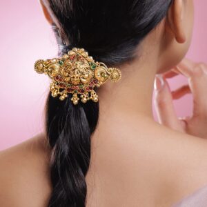 22K Gold-Plated Ruby Pink & Emerald Green Stone Studded Goddess Lakshmi Temple Hair Clip with Hanging Beads