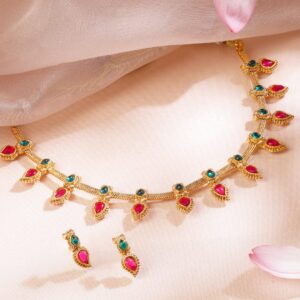 22K Gold-Plated Ruby Pink & Emerald Green Stone-Studded Necklace Set with Drop Danglers