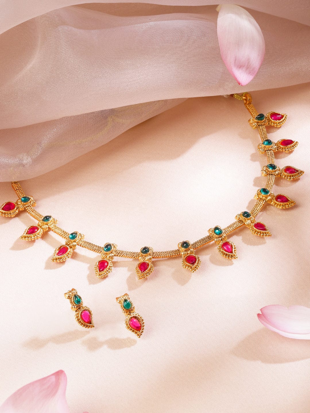 22K Gold-Plated Ruby Pink & Emerald Green Stone-Studded Necklace Set with Drop Danglers