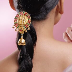 22K Gold-Plated Ruby Pink & Emerald Green Stone Studded Ram Darbar Temple Braid Hair Accessory with Jhumka Drop