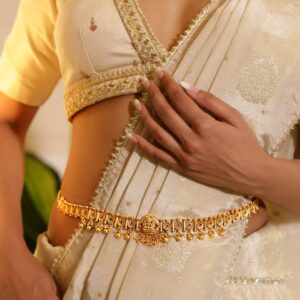 22k Gold-Plated Ruby Pink, Emerald Green Stone Studed Handcrafted Temple Kamarbandh - Pink & Green