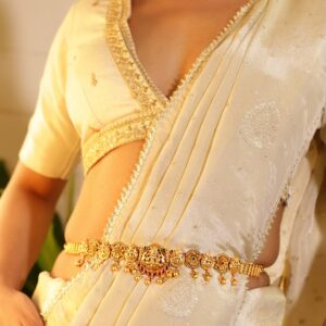 22k Gold-Plated Ruby Pink, Emerald Green Stone Studed Handcrafted Temple Kamarbandh - Pink & Green