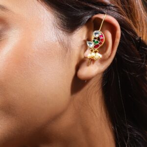 22K Gold-Plated Ruby Pink, Emerald Green & White Kundan Studded Crescent Design Handcrafted Ear Cuff with Pearl Beads for Women