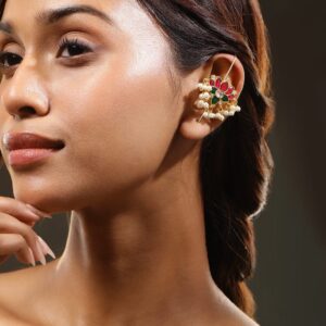 22K Gold-Plated Ruby Pink, Emerald Green & White Kundan Studded Lotus Design Handcrafted Ear Cuff with Pearl Beads for Women