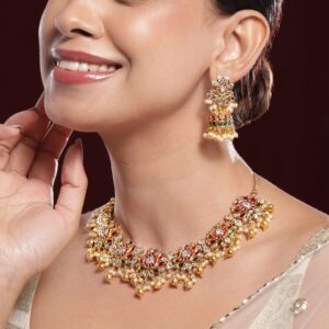22K Gold-Plated Ruby Pink, Emerald Green & White Kundan Studded Pearl Gold Beaded Necklace Set
