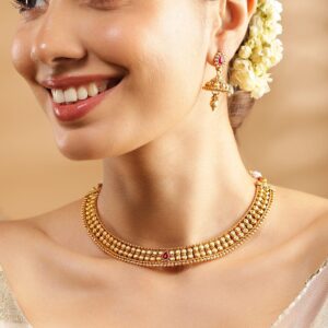 22K Gold-Plated Ruby Pink & Kundan Studded Temple Necklace Set with Jhumka Earrings - Gold