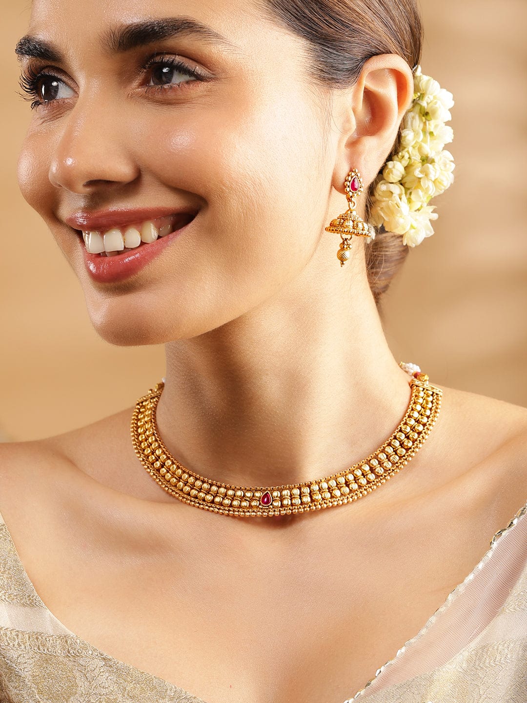 22K Gold-Plated Ruby Pink & Kundan Studded Temple Necklace Set with Jhumka Earrings - Gold