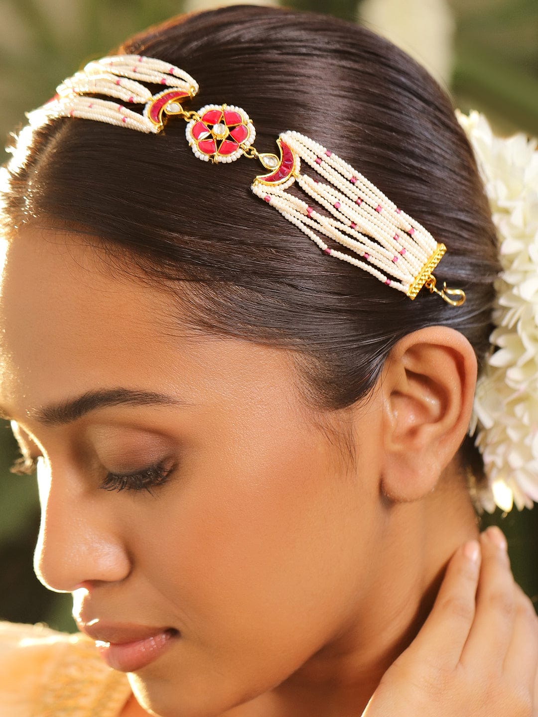 22K Gold-Plated Ruby Pink Kundan & White Pearl Bridal Mattha Patti Headpiece for Women