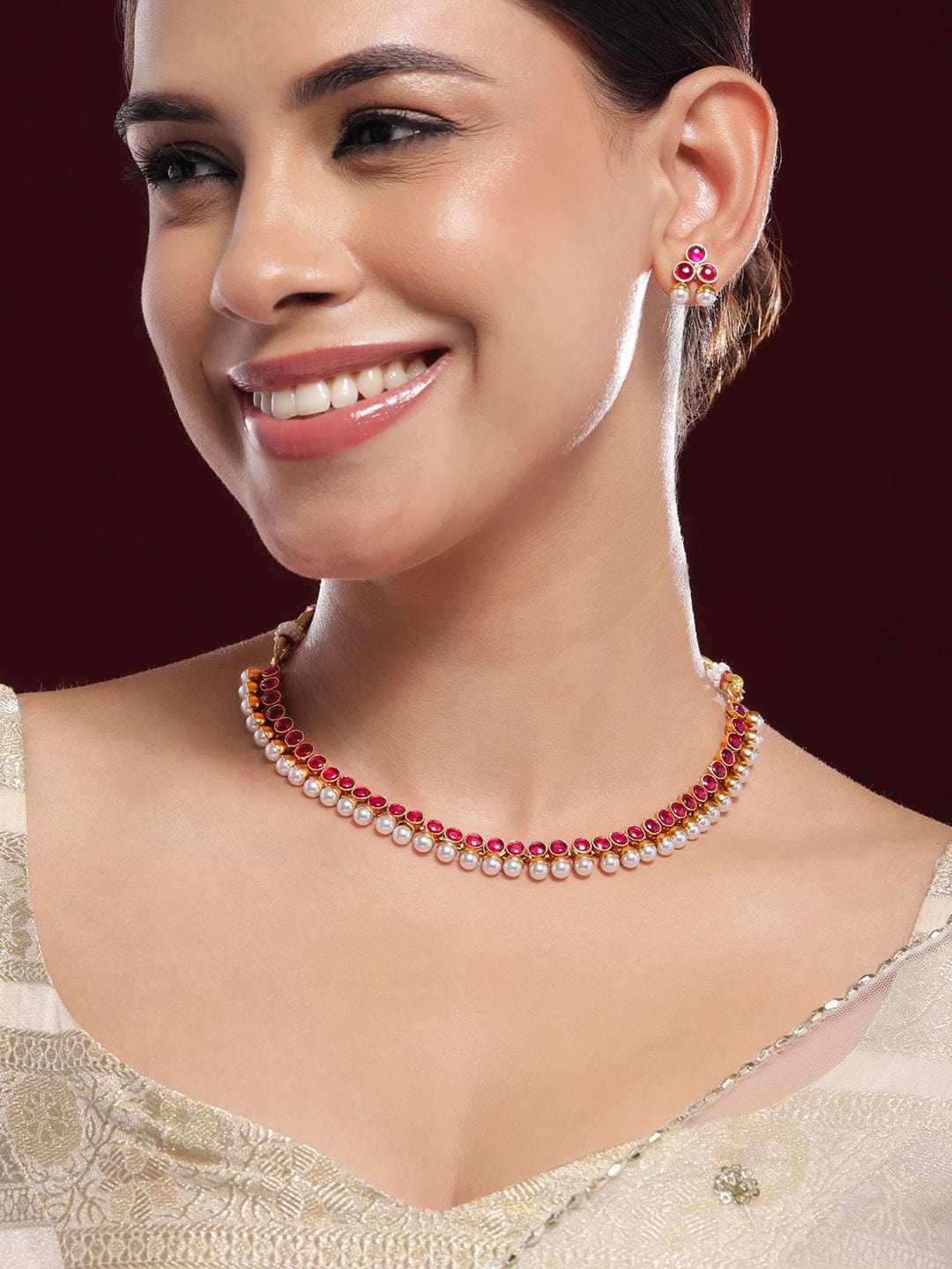 22K Gold-Plated Ruby Pink & Pearl Beaded Traditional Jewellery Set