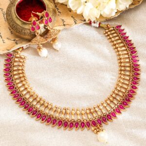 22K Gold-Plated Ruby Pink Stone & Pearl Drop Traditional Brass Jewellery Set