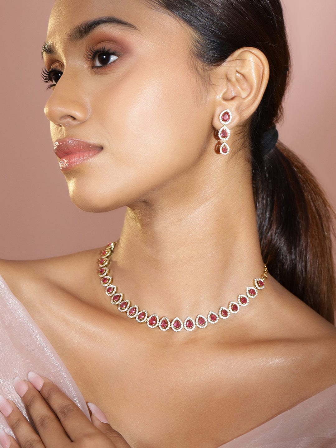 22K Gold-Plated Ruby Pink Stones & White Cubic Zirconia Handcrafted Necklace Set