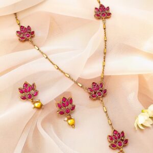 22K Gold Plated Ruby Pink Studded Layered Lotus Motif Necklace Set