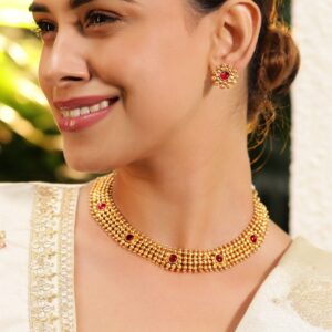 22K Gold-Plated Ruby Pink Studded Traditional Choker Necklace Set with Gold Beads