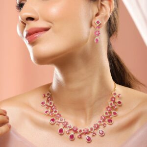 22K Gold-Plated Ruby Pink & White Cubic Zirconia Studded Floral Drop Necklace Set - Pink
