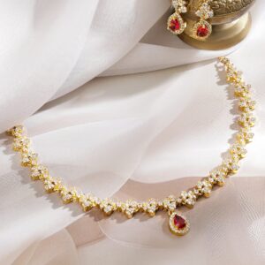 22K Gold-Plated Ruby Pink & White Cubic Zirconia Studded Necklace Set with Earrings