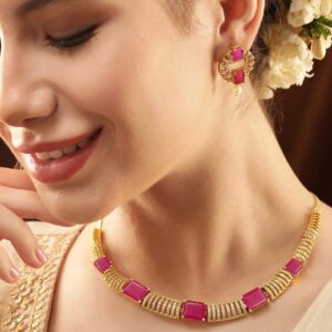 22K Gold-Plated Ruby Pink & White Cubic Zirconia Studded Premium Jewellery Set with Earrings