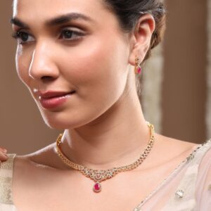 22K Gold-Plated Ruby Red & Cubic Zirconia Studded Traditional Necklace Set