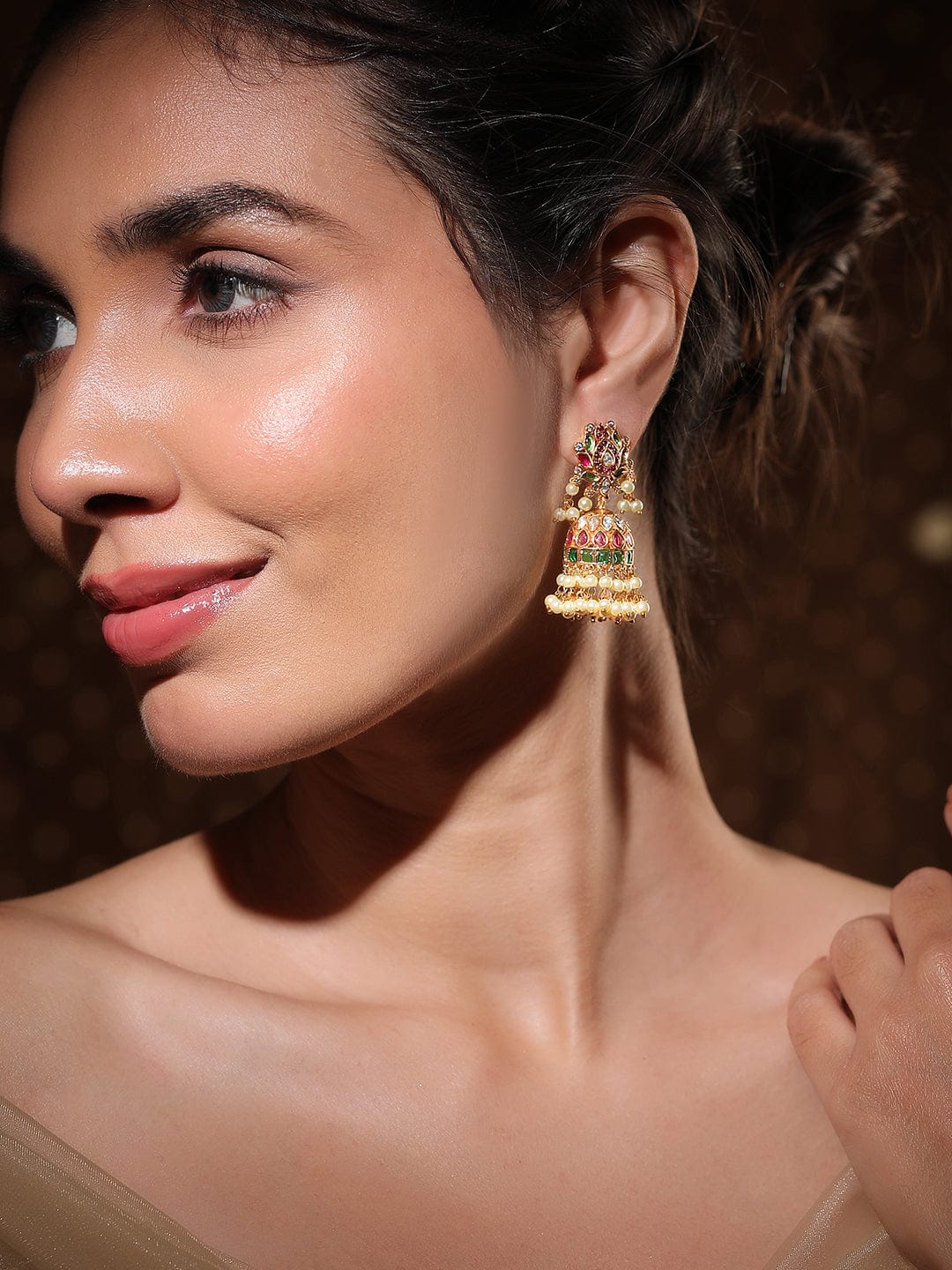 22K Gold-Plated Ruby Red & Emerald Green Kundan Stone Studed Jhumka with Pearl Bead - Gold