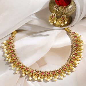 22K Gold-Plated Ruby Red & Emerald Green Stone Studded Pearl Beaded Traditional Necklace Set - Gold